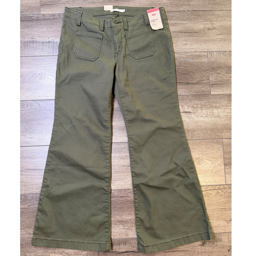 Levis Superlow Flare Pants Womens 31 Olive Green Low Rise Slim Fit Utility Y2K